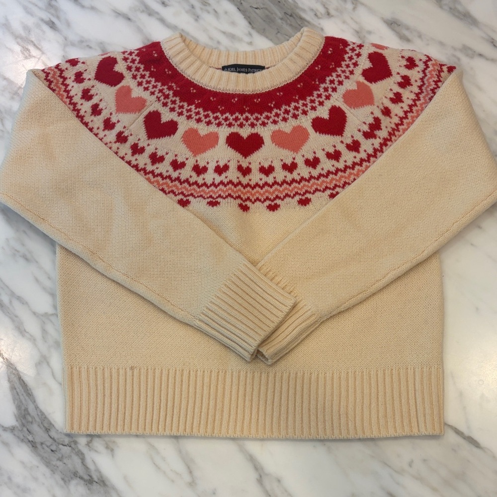 Kiel James Patrick Cream Crewneck Sweater with Red and Pink Heart Yoke